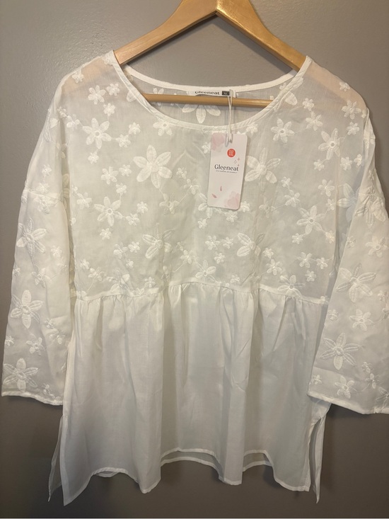 Gleeneat Tops - White Embroidered Peasant Blouse XL
